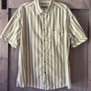 Kuhl Shirt Mens XXL Green Striped Eluxur Ionik Hiking Camp Climb Outdoors Logo‎